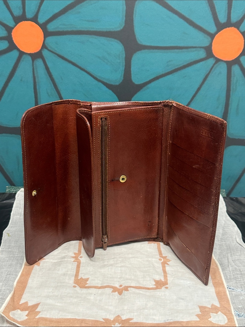 Vintage Texier Brown Leather Bifold Wallet Embossed Logo TEXIER / Made In France